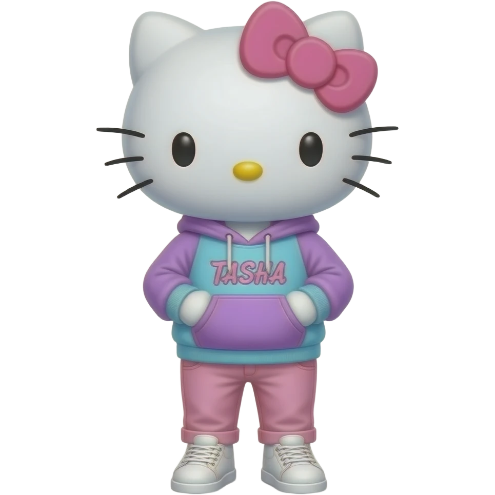 Velvet Hello Kitty wearing a velvet pastel pink and blue and purple hoodie and light pastel pink jeans with the large cursive letters TASHA on the hoodie with white sneakers emoji