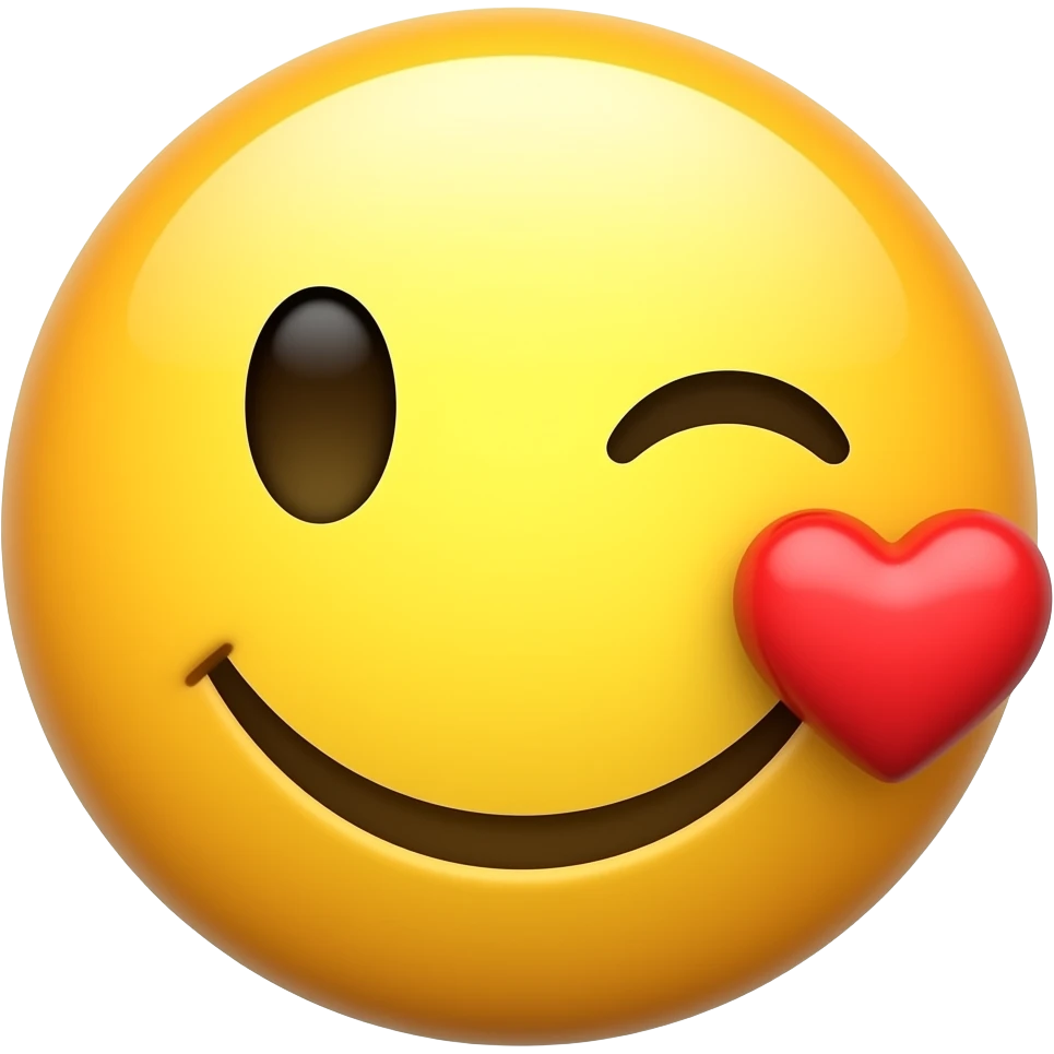 A simple glossy yellow 3D smiley face with one eye winking and a red heart beside the cheek, cute romantic expression, clean rounded icon, white background, minimal details, high resolution emoji