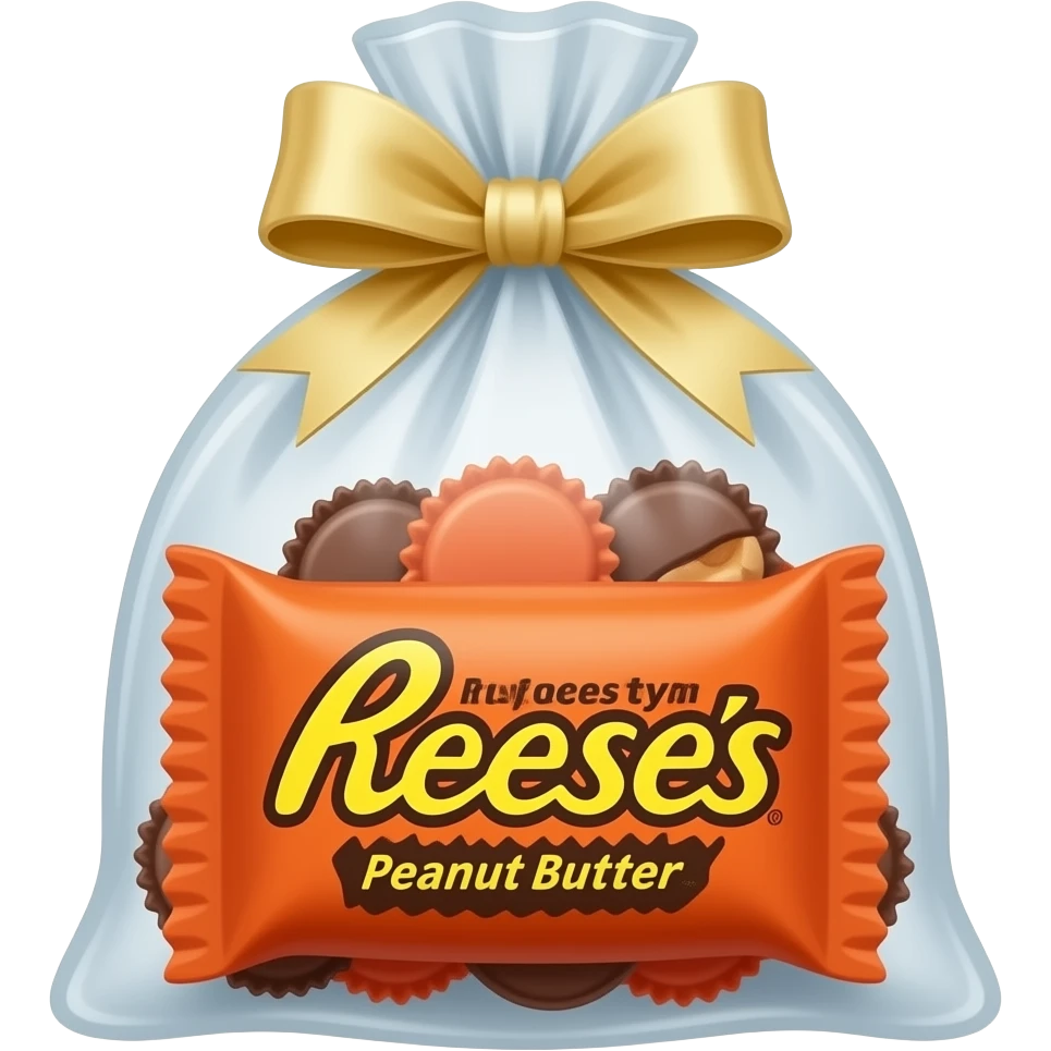 Clear Treat bag with Reese’s in it with a bow emoji | AI Emoji Generator