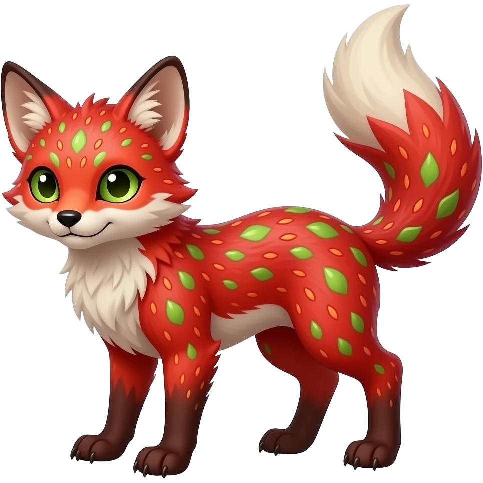 Feral Rare Fantasy vibrant tropical strawberry-colors-themed, red and sanguine, and lime-collred Vernid-Trico-species-creature by LiLaiRa, random markings, tufted tail, tufted ears, full body emoji