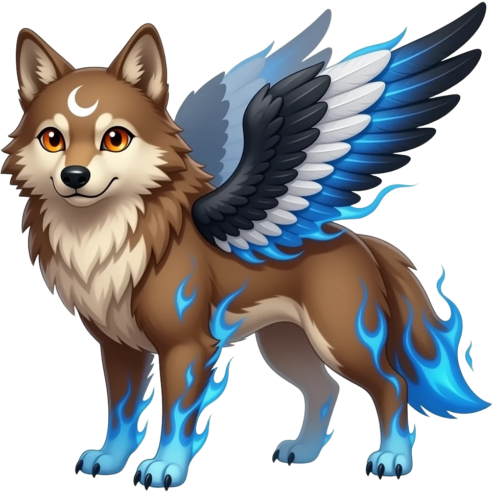 russet wolf with orange eyes, a white marking over the left eye, black, white and blue wings and blue flames over the fur emoji