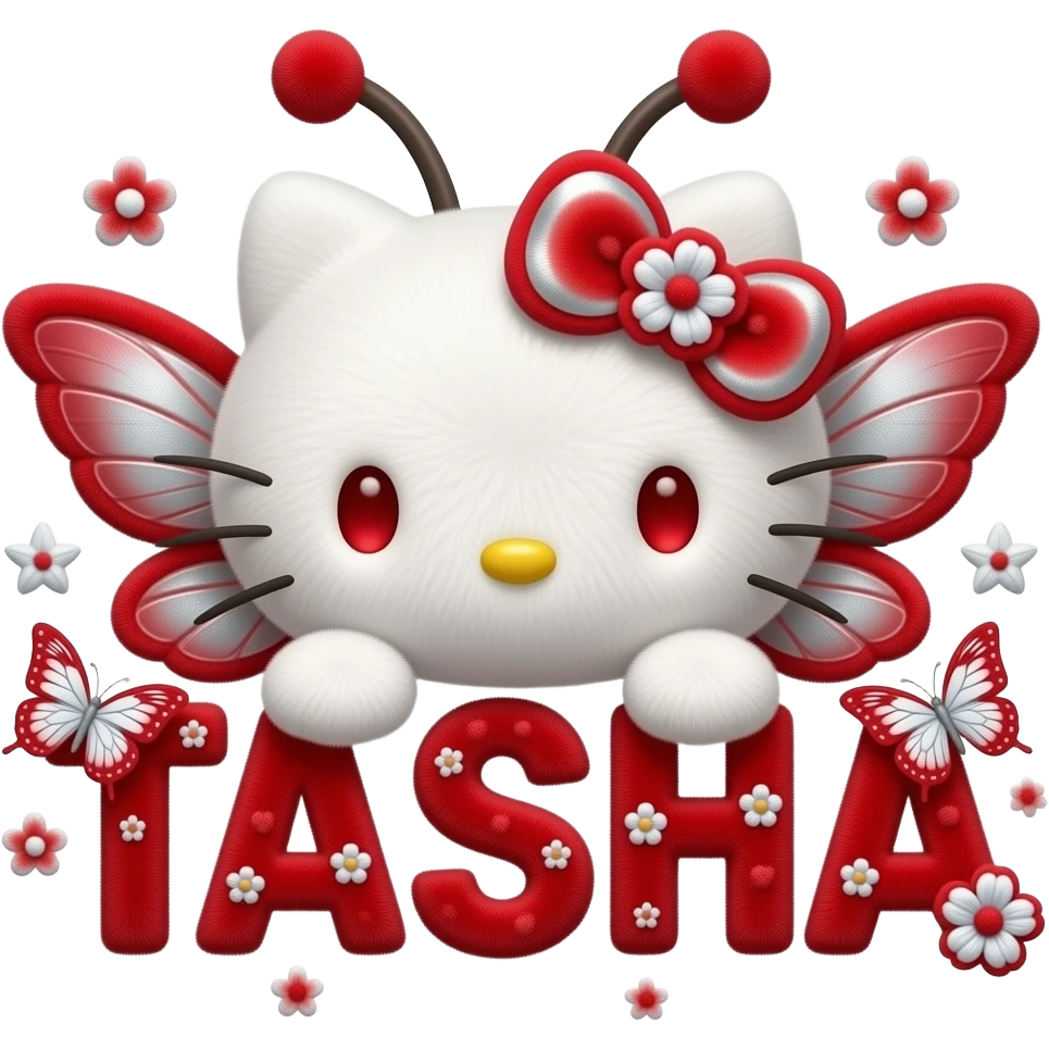White velvety fur 3D hello kitty head, red eyes, red silver ombre 3D ...