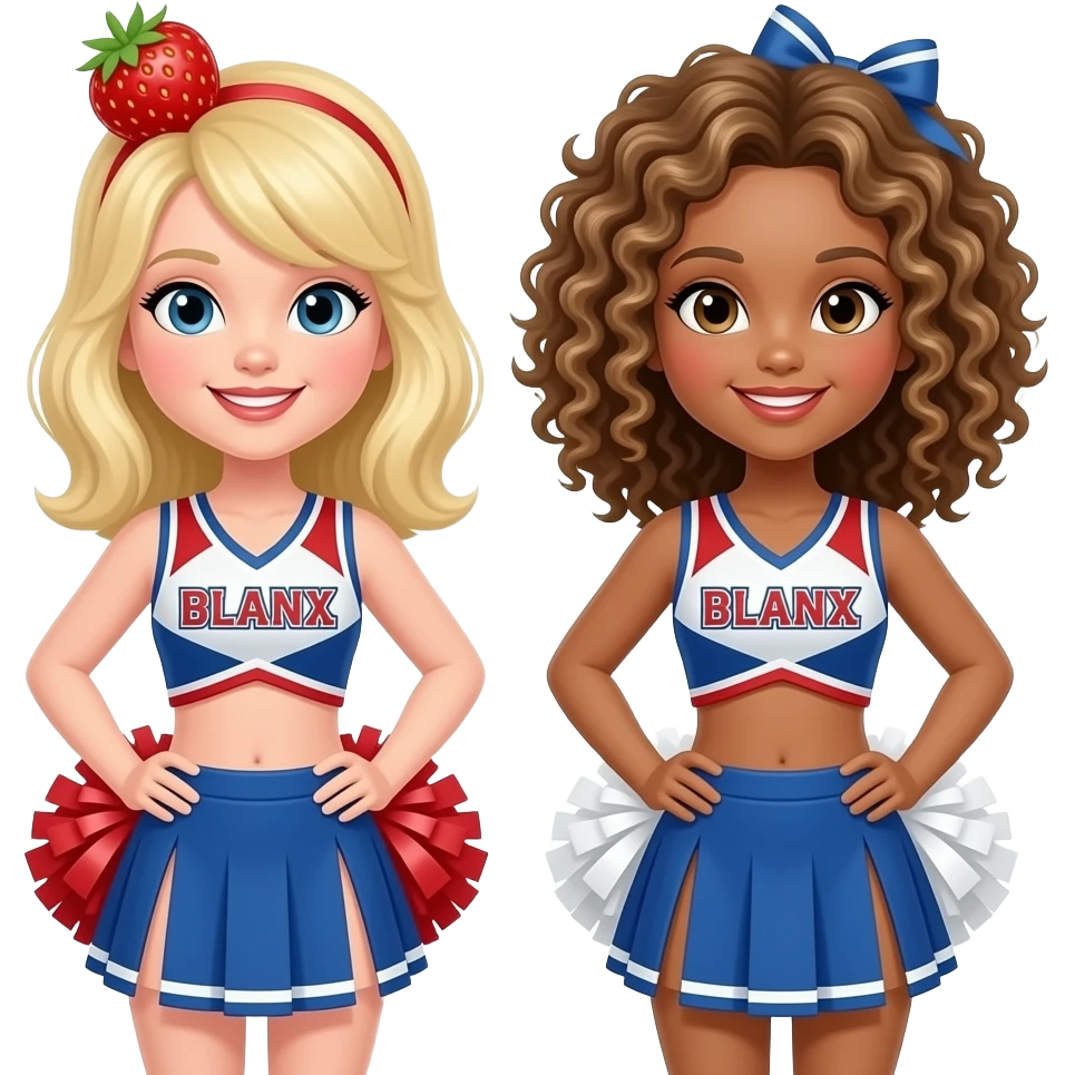 A strawberry blonde cheerleader beside a curly haired, dirty, blonde cheerleader emoji
