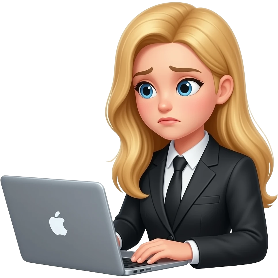 a girl-with long blond hair-working at a laptop-sitting in front-in a black business suit-disappointed because there are no new messages-message emoticons emoji