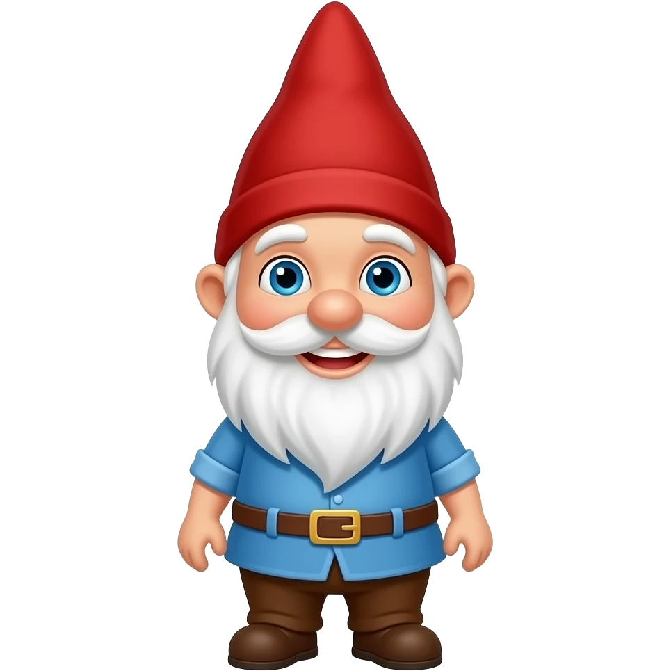 A smiling Gnome, wearing brown pants has a white beard , blue eye, blue shirt and a red pointed hair emoji