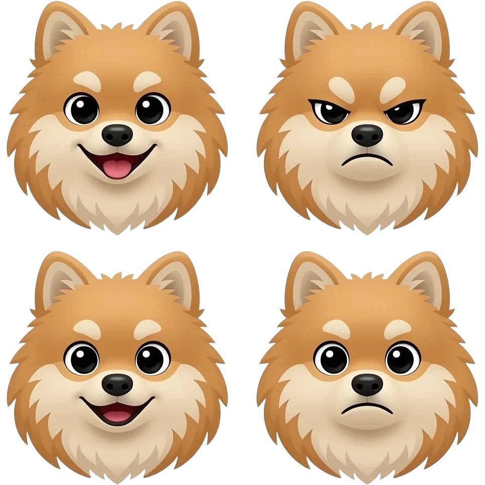 Pomeranian wolf sable long fur, black under the mouth, black eyeliner around eyes. Can you make different facial expressions and emotions as a series of emojis. All of them with black colour around mouth emoji