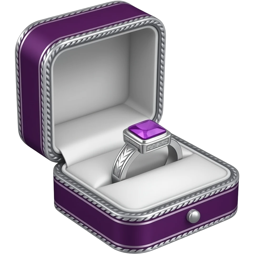 men's style solid band ring with an amethyst gem in a purple box with silver ornate trim emoji