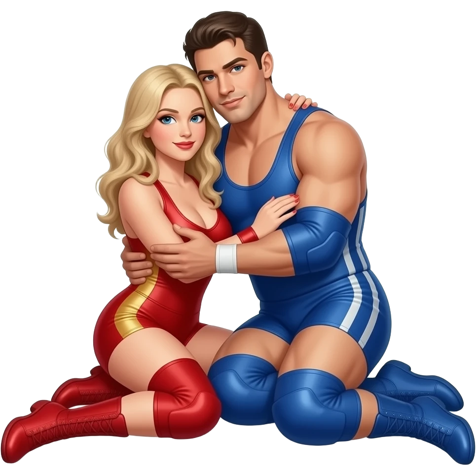 Erstelle ein Bild von zwei sexy Wrestler in kurzen, knappen und engen Wrestler-suits. die beiden haben unterschiedlich Farben an (rot und blau), sie liegen eng umschlungen und innig auf dem Boden emoji