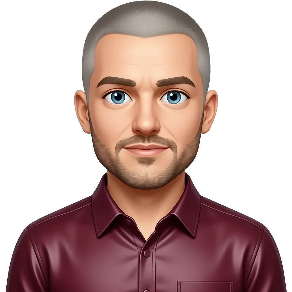 Sam from Strapped with hazel blue eyes, light grey buzz cut hair and ...