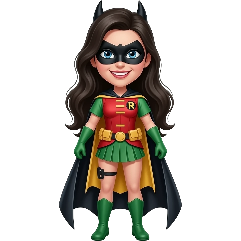 female batman with long hair and robin smiling emoji