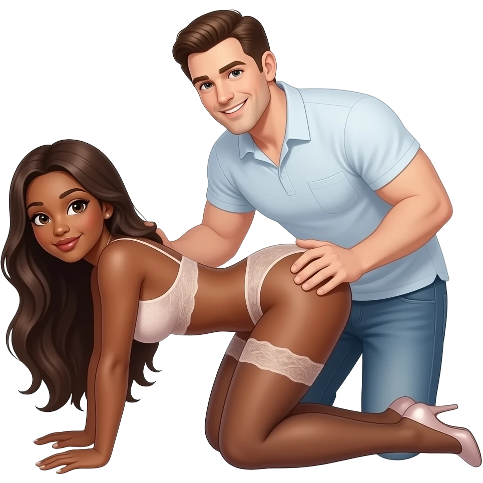 Black girl in sex position with back arch very arched, white guy with brown hair behind her emoji