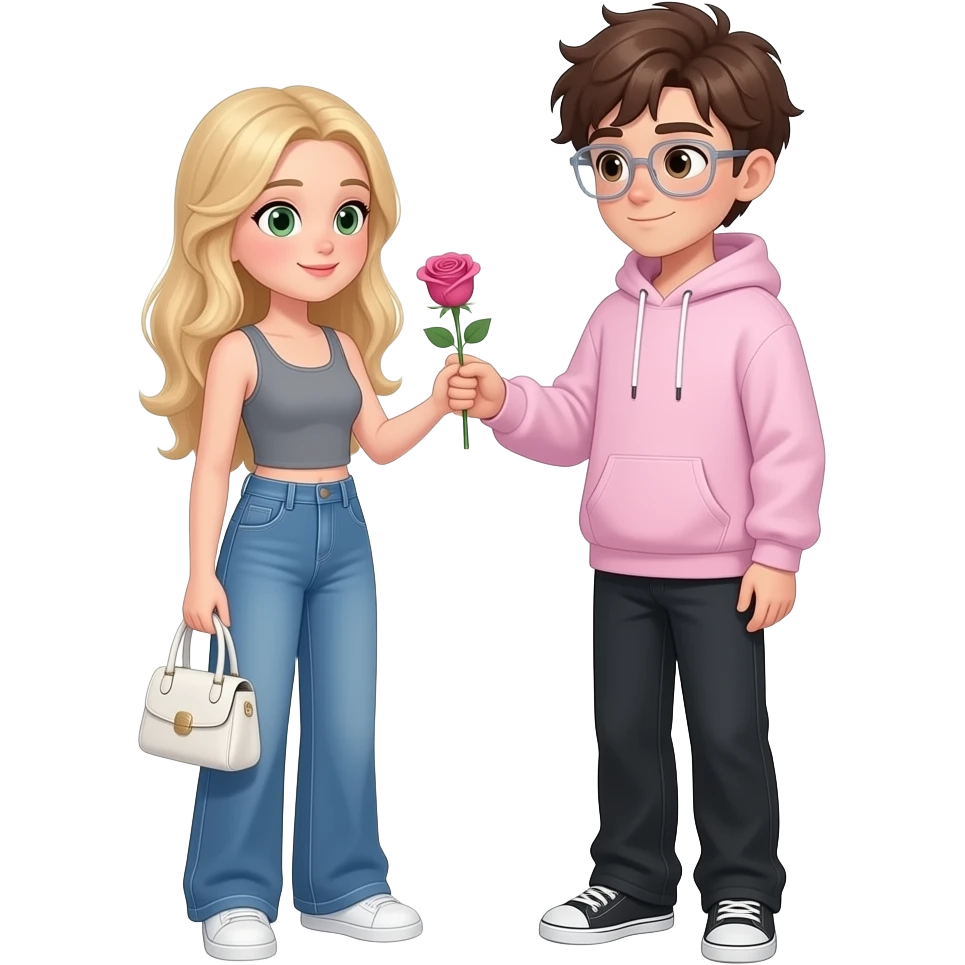 fille blonde jean large bleu et un débardeur gris un sac à main blanc des yeux verts gris qui donne une rose à un garçon avec les cheveux et les yeux marrons les cheveux en pétard des lunettes transparente un sweet large à capuche et de remettre éclair rose pale et un pantalon noir en jean large emoji