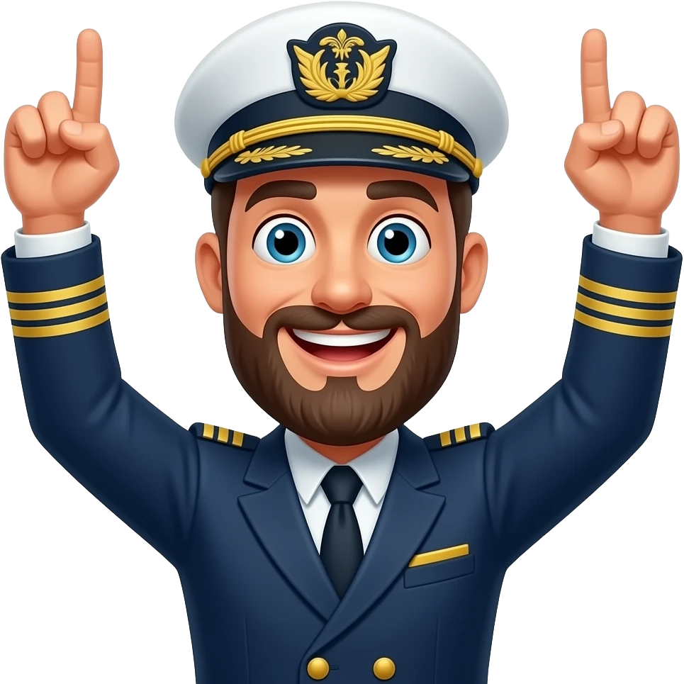 fleet captain with beard, white cap, jazz hands emoji