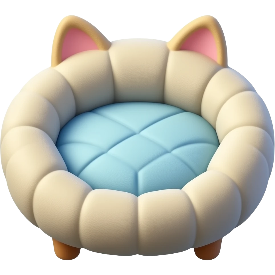 Create a cute polished 3D game icon of a cozy cat bed. Soft round cushion shape with raised edges, colorful, plush fabric texture, rounded details, gentle shadow. Empty bed only, no cat, no animal, no character, no face, transparent background, no text. emoji
