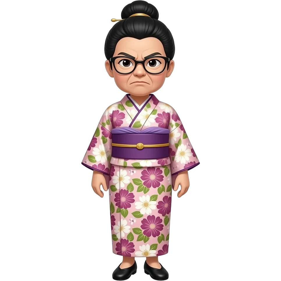 angry elderly asian woman, with black hair in a bun, wearing glasses and a blush pink, purple, green and gold floral Traditional Japanese dress and black flat shoes, with her hands behind her back emoji