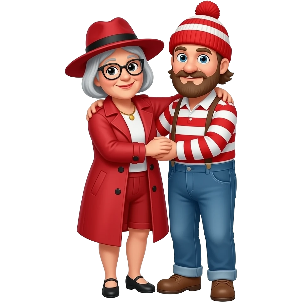 Carmen San Diego, an old woman wearing a red trench coat, a wide brim red hat with black band, and red shorts and Waldo, an old man with a beard wearing blue jeans, suspenders, a red and white striped shirt and a red and white striped knit beanie hat hugging (fullbody) emoji