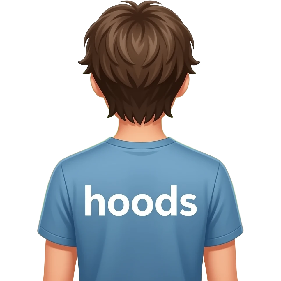 Jeune homme devant pleins de chemins. Il est de dos avec écris « hoods » dans son dos. Il a les cheveux mi longs emoji