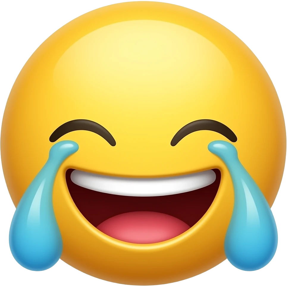 Faccia cartoon con testa grande e rotonda di colore gialla, occhi chiusi, grande sorriso, lacrime di risata, espressione felice ed esagerata, stile emoji, sfondo trasparente. emoji