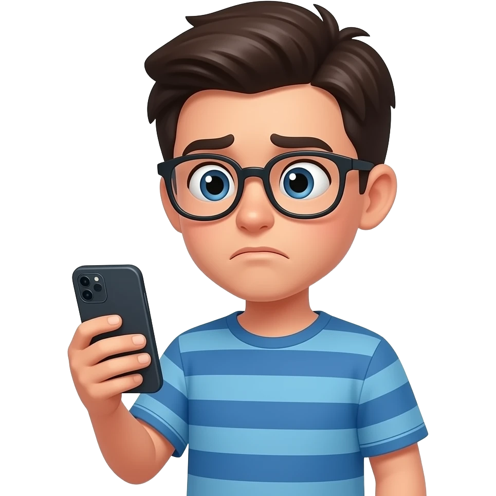 boy dark middle parted hair with glasses with confuse expression while looking directly to his phone in the right hand wearing blue stripes shirt emoji
