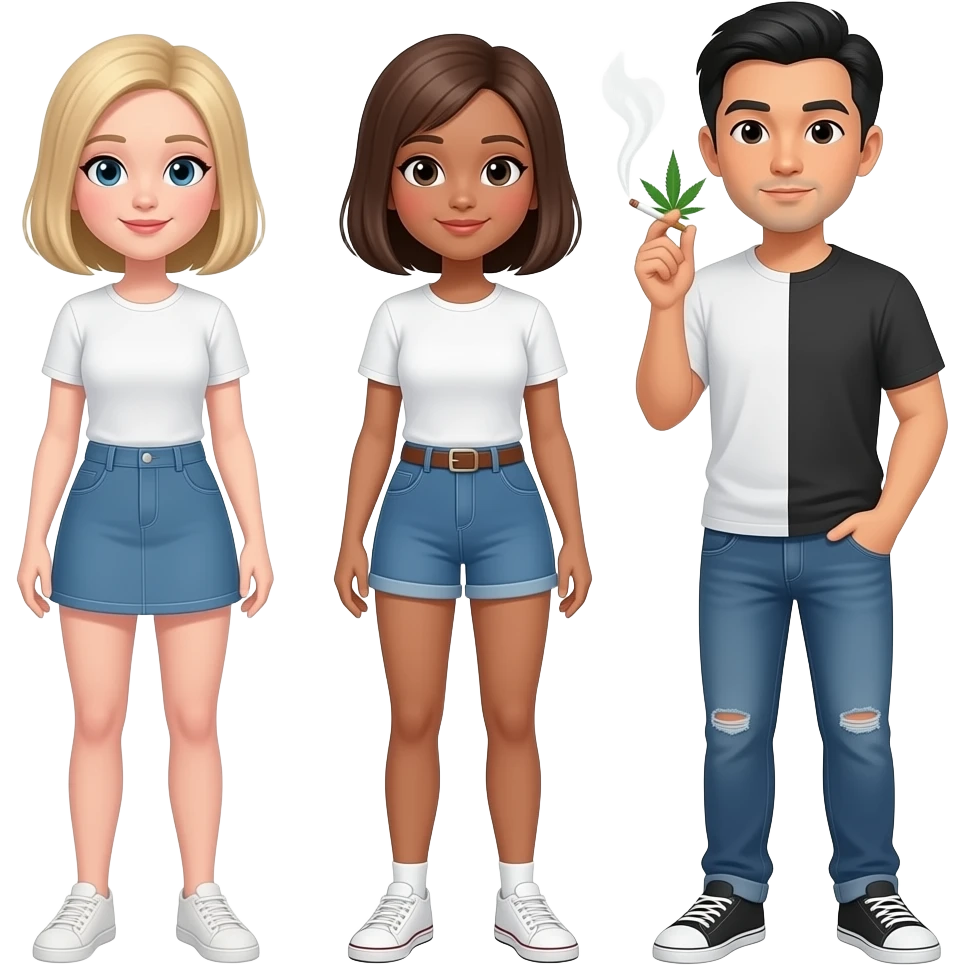 A white blonde girl with a bob, a white brunette girl with a bob, and a half white half Asian man smoking weed emoji