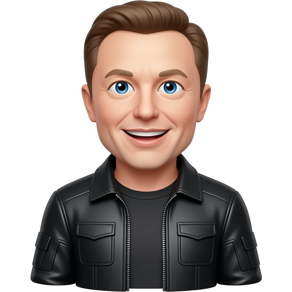 A minimalist, modern emoji icon of Elon Musk, 3D render, smooth texture, smiling with a confident look, wearing a sleek black cyber-style jacket. Isolated on a clean, solid white background, high resolution, 8k, Pixar style, vector art feel, vibrant lighting. emoji