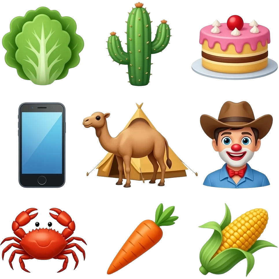 Cc🥬🌵🎂📱🐪⛺️🐈🐛🤡🐮🐄🤠🦀🥕🌽 emoji