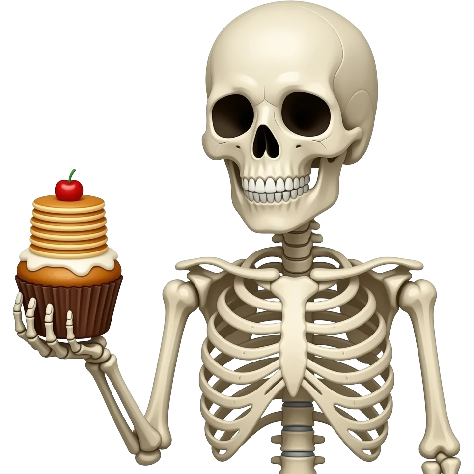 Skeleton holding cupcake with a stacks of pancakes on top emoji