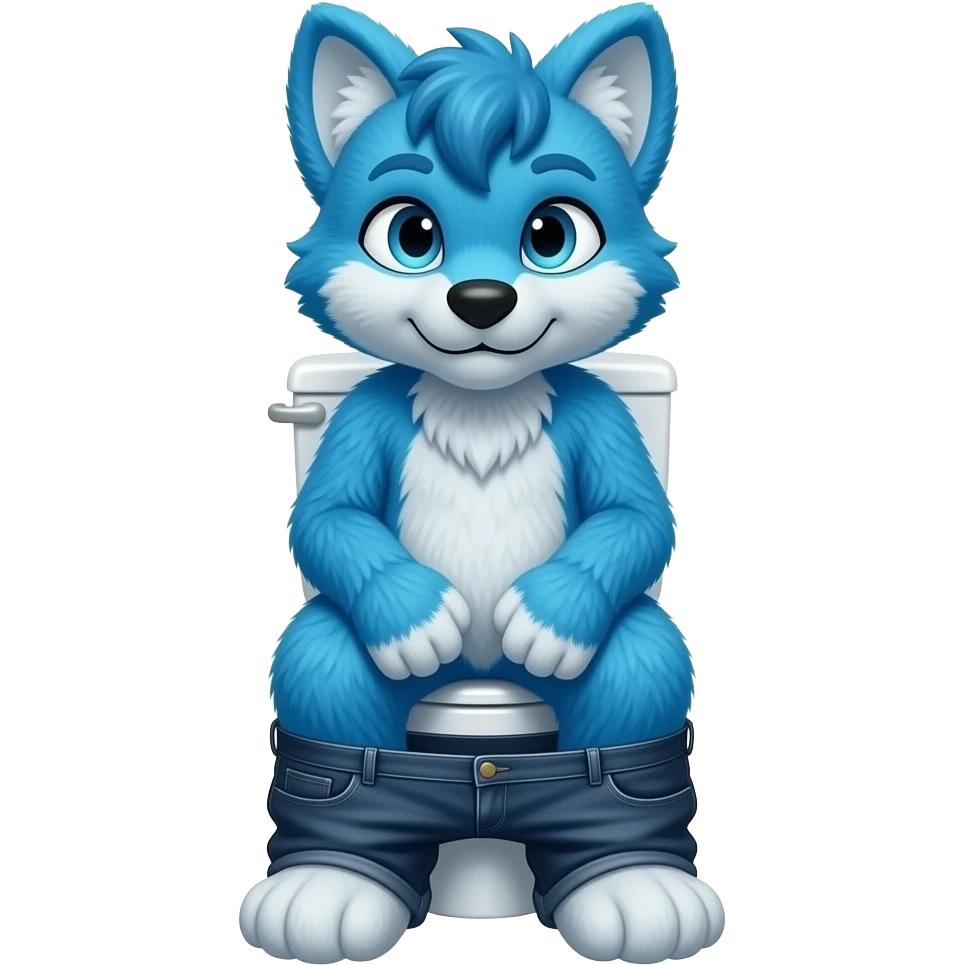 blue fursuit sitting on toilet, front view, pants down emoji