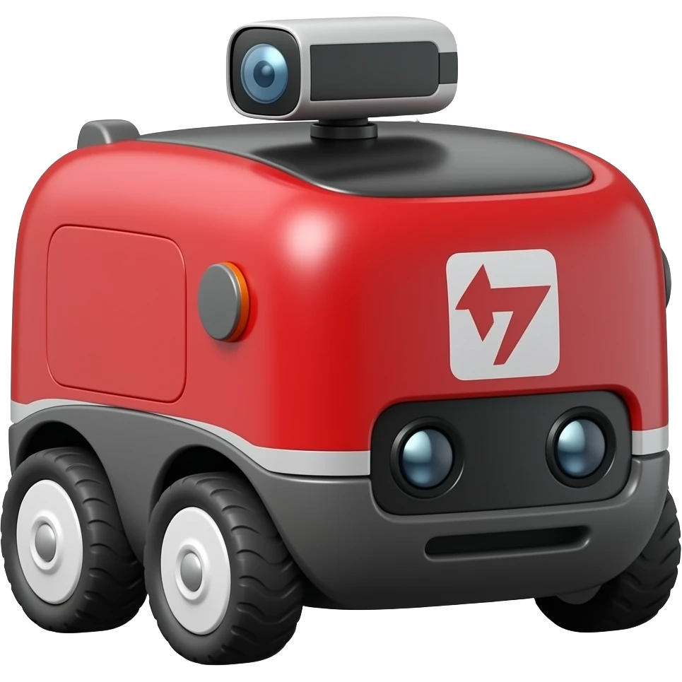 A red delivery robot with four white wheels rounded rectangular shape, mutiple front sensors, top mounted camera emoji
