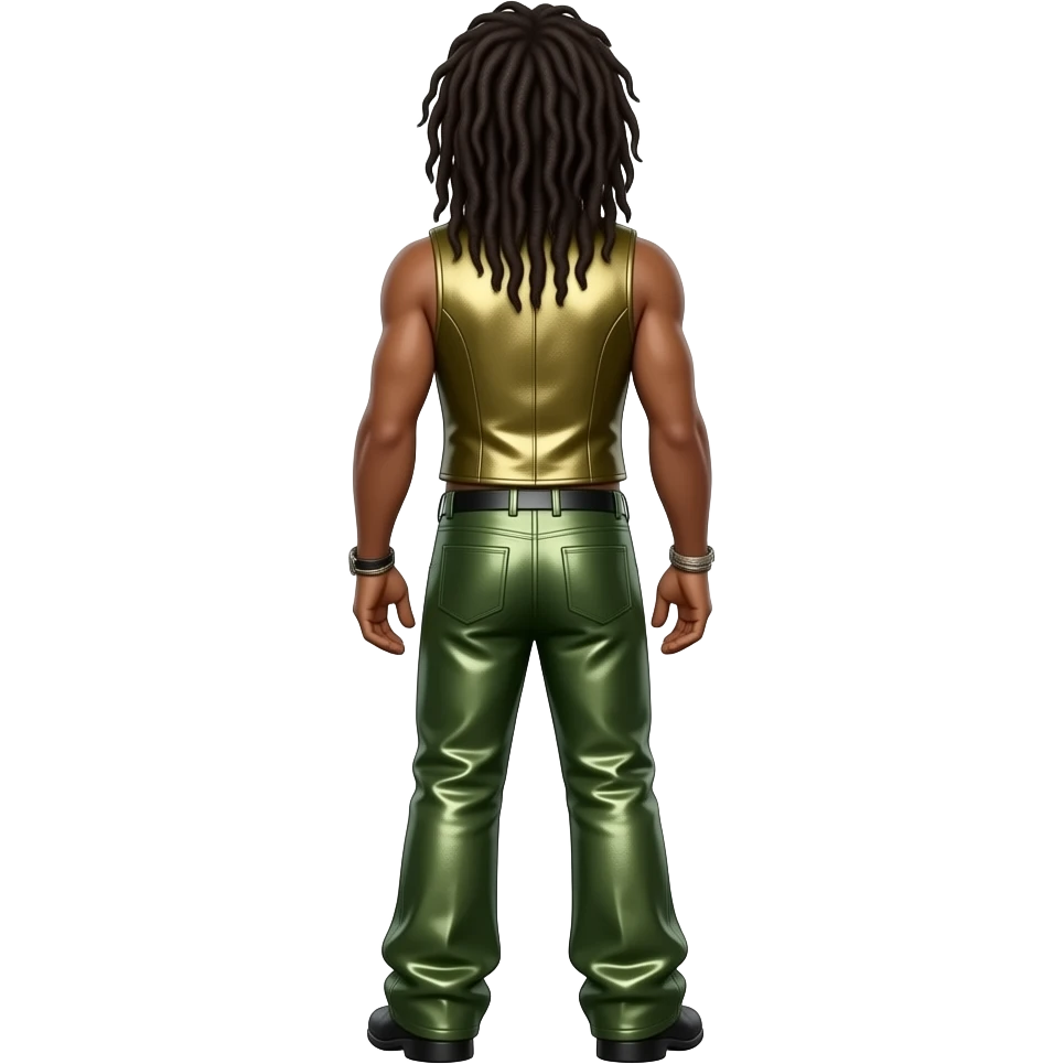 Bob Marley from behind with long locs, olive metallic vest, olive metallic baggy pants, shirtless emoji