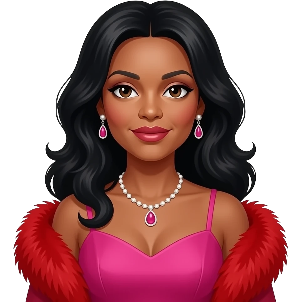 Diana Ross with brown eyes, long black 1970s hair, hot pink dress, red fur shawl, necklace and earrings emoji