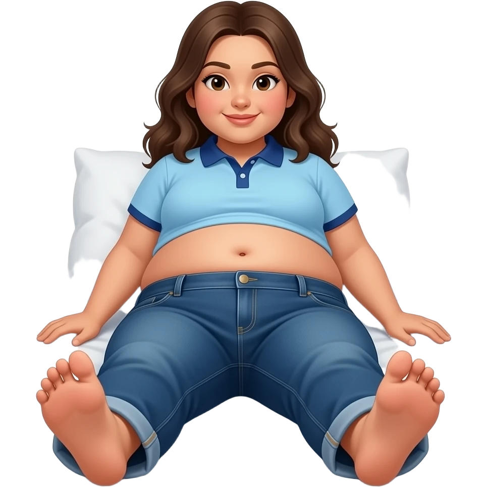 Obese Hispanic girl with brown hair and light blue and dark blue cropped polo with chubby belly button and dark blue baggy jeans laying down on bed showing her feet emoji