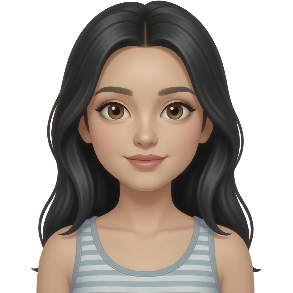 A Chinese teen girl with long black hair in a tank top with brown eyes wearing make up emoji
