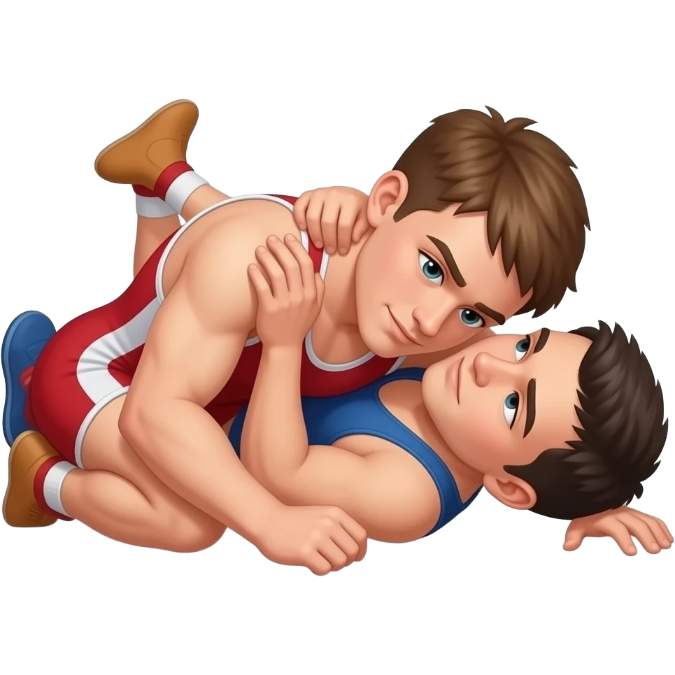 Erstelle ein Bild von zwei Uni-Wrestler (23) in kurzen, knappen und engen Wrestler-suits, die beiden haben unterschiedlich Farben an (rot und blau) und sie ringen liegend miteinander auf dem Boden emoji