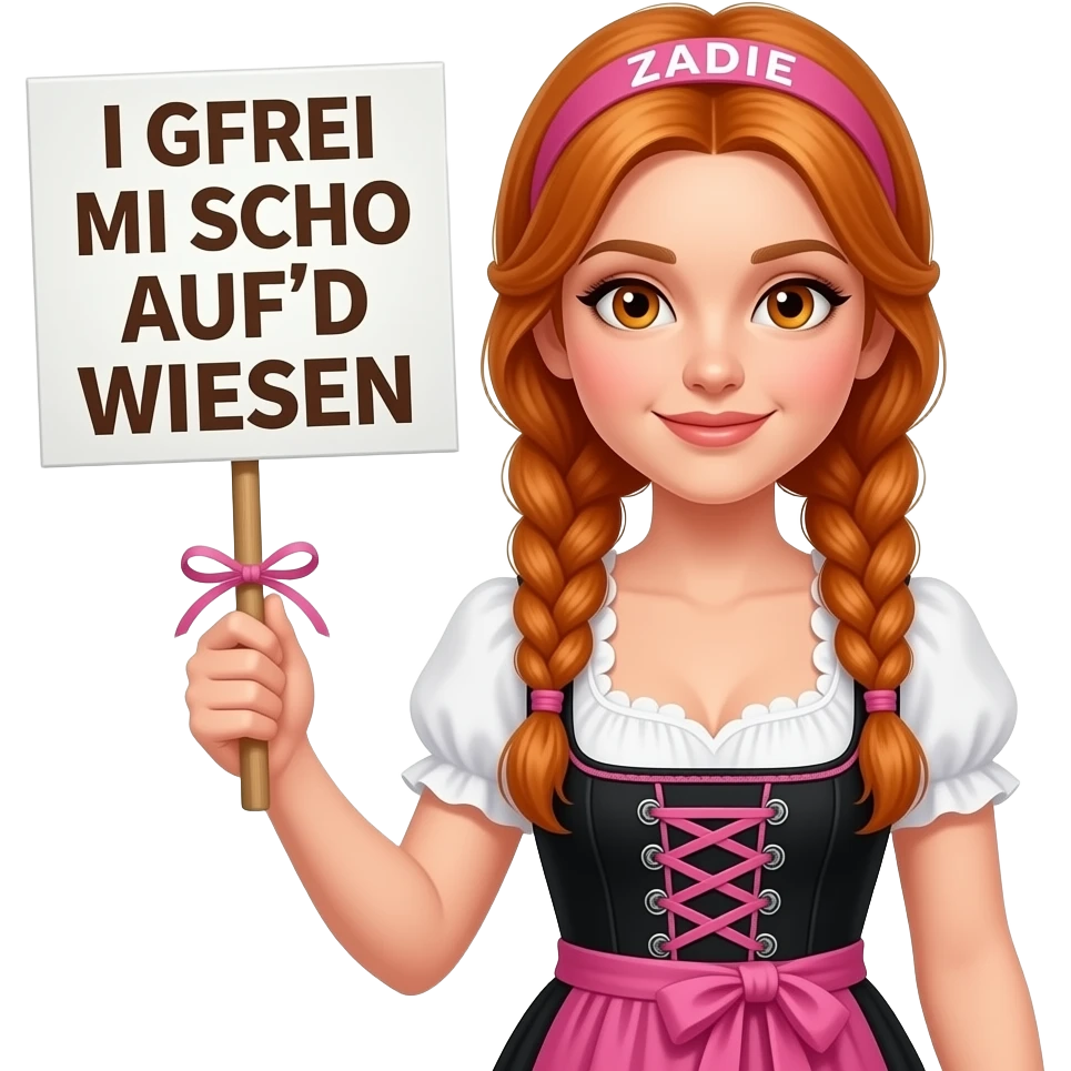 sexy girl with overlong ginger braids and ginger eyes wearing a black pink dirndl and a pink headband with ZADIE written on it, is holding a sign with I GFREI MI SCHO AUF'D WIES'N written on it emoji