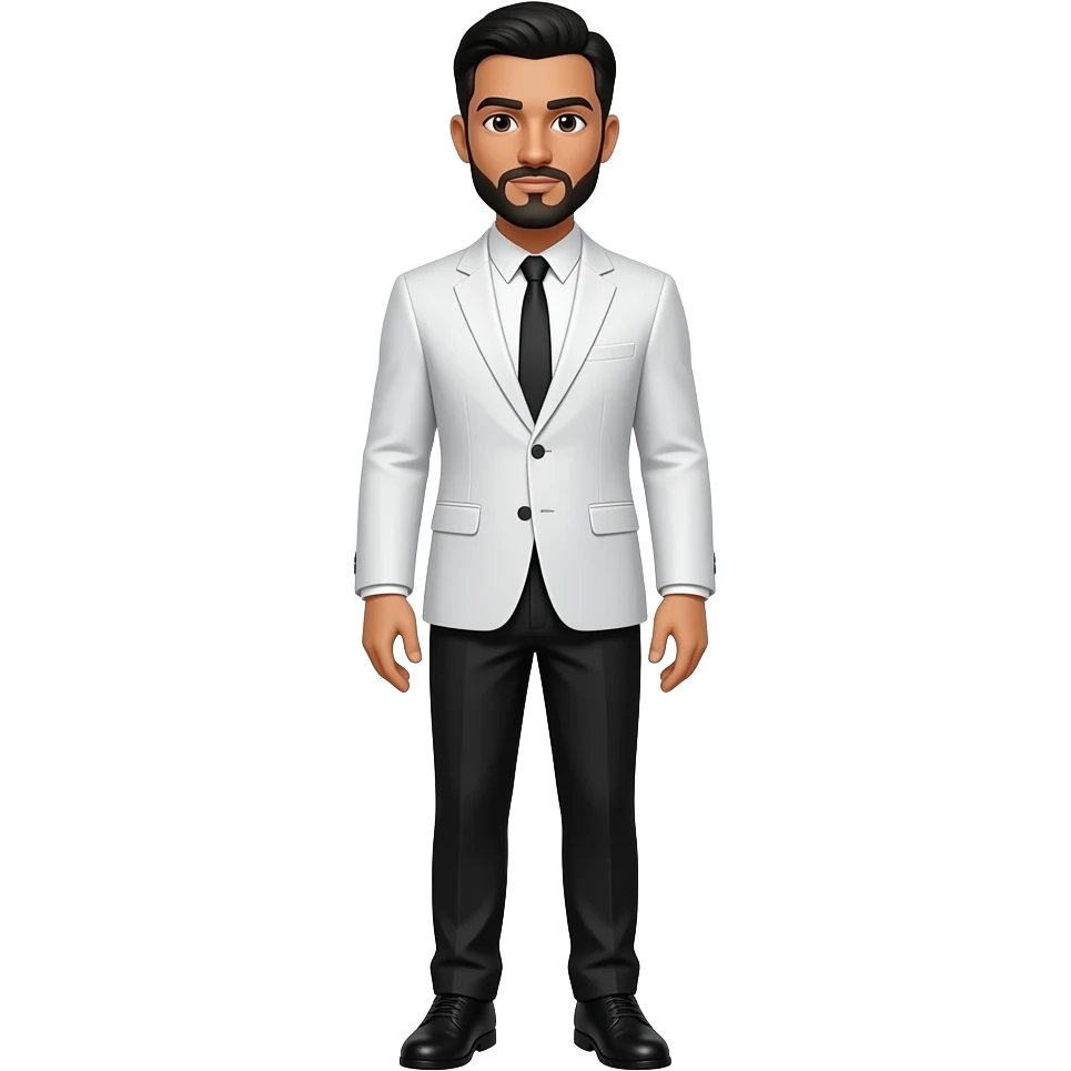 A light skintone american man with a black short hair, black stubble beard, long sleeve white suit with a black tie, black pants with black shoes, emoji