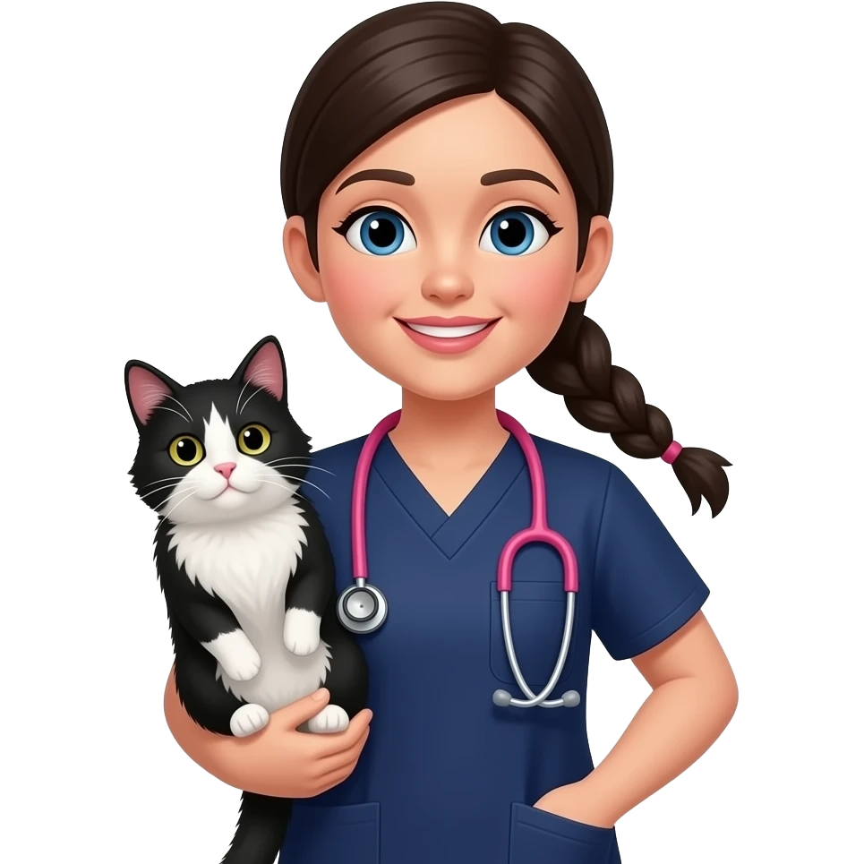 Vet nurse dark hair in 1 plait navy scrubs pink stethoscope with black holding a black and white fluffy cat emoji