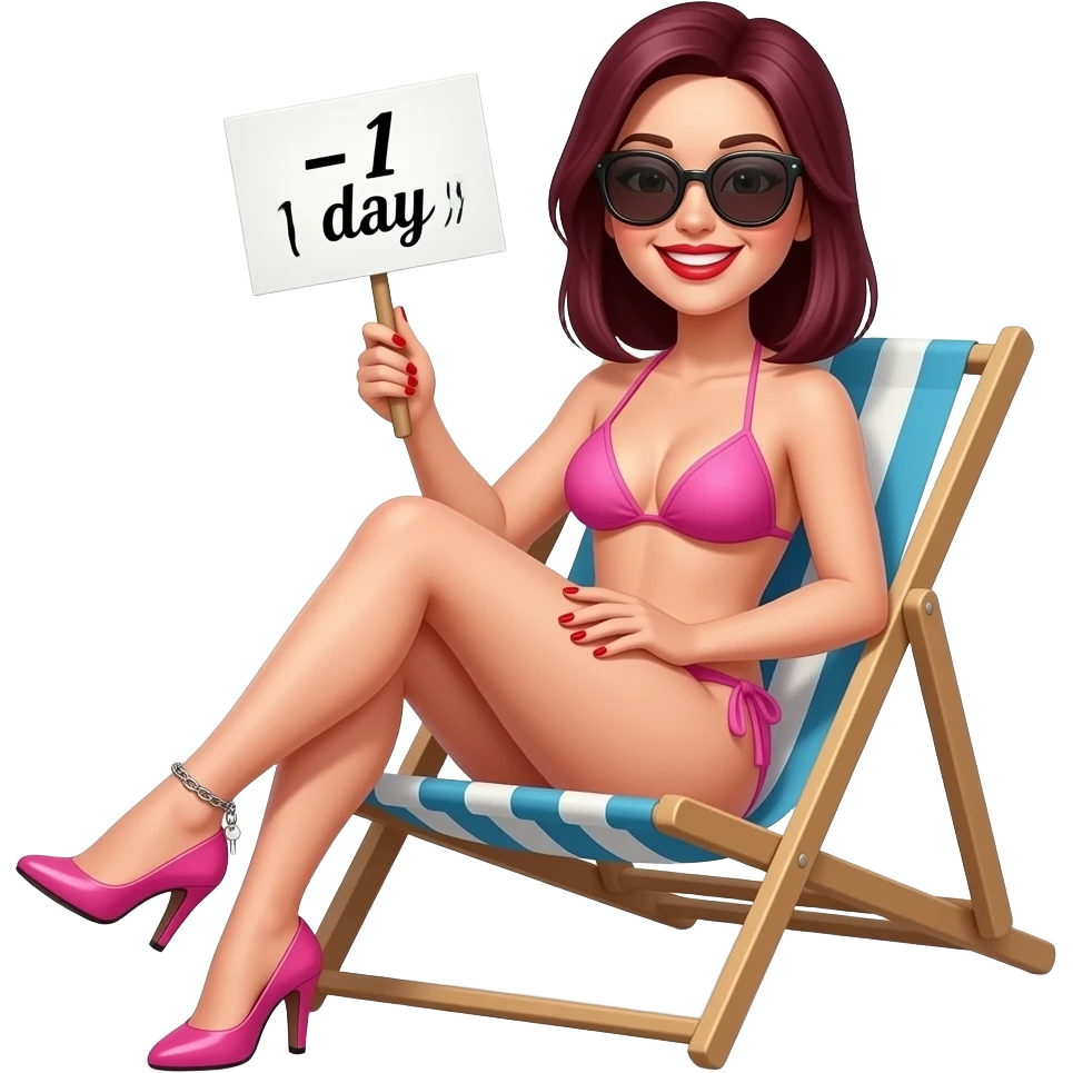 Woman. Burgundy, straight, mid-back length hair. sitting on chair cross-legged, sunbathing. baby pink bikini. very high pink stiletto heels. red lipstick. red nail polish. smiling. ankle chain with small key dangling off. holding sign that says "- 1 day!". large sunglasses. emoji