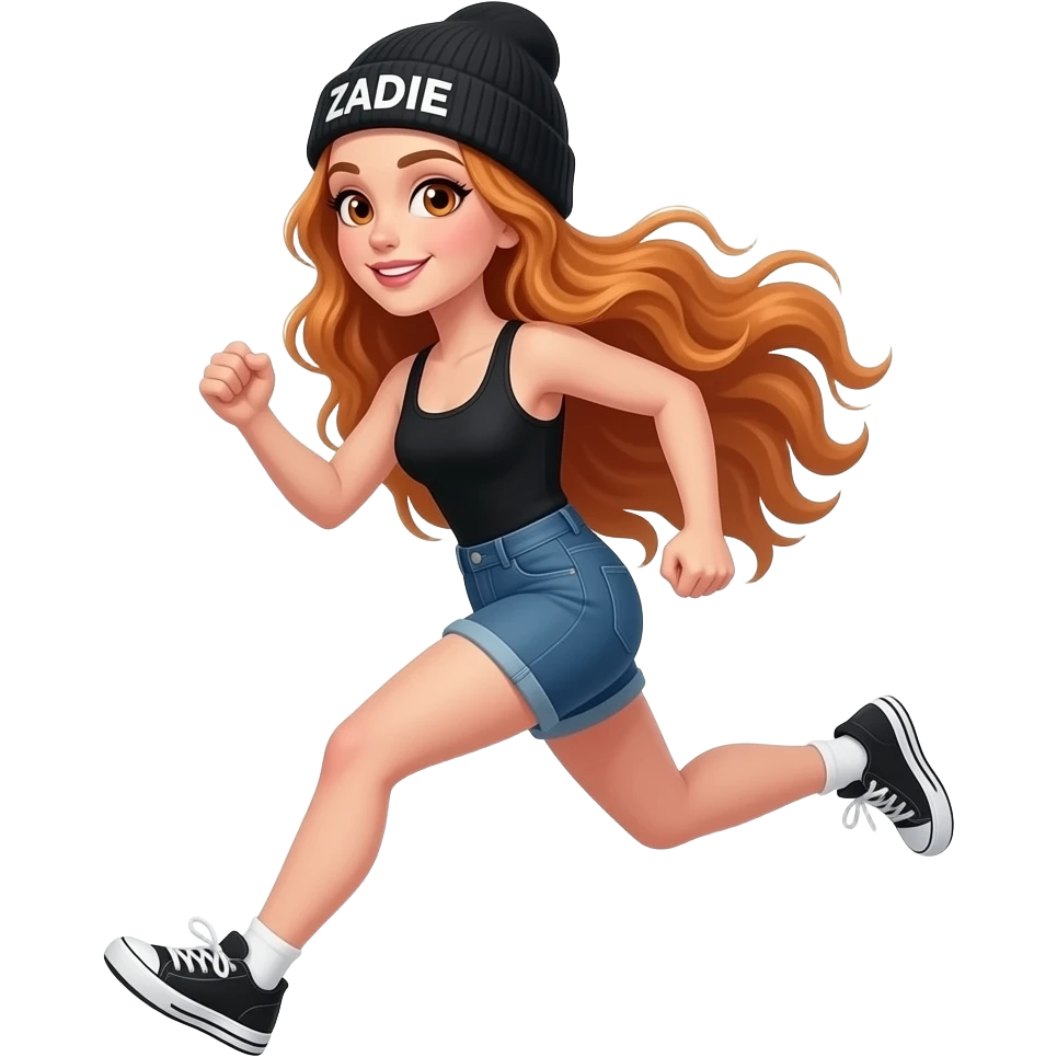 sexy girl with overlong wavy ginger hair and ginger eyes wearing a black tanktop and a black beanie with ZADIE written on it, is running emoji