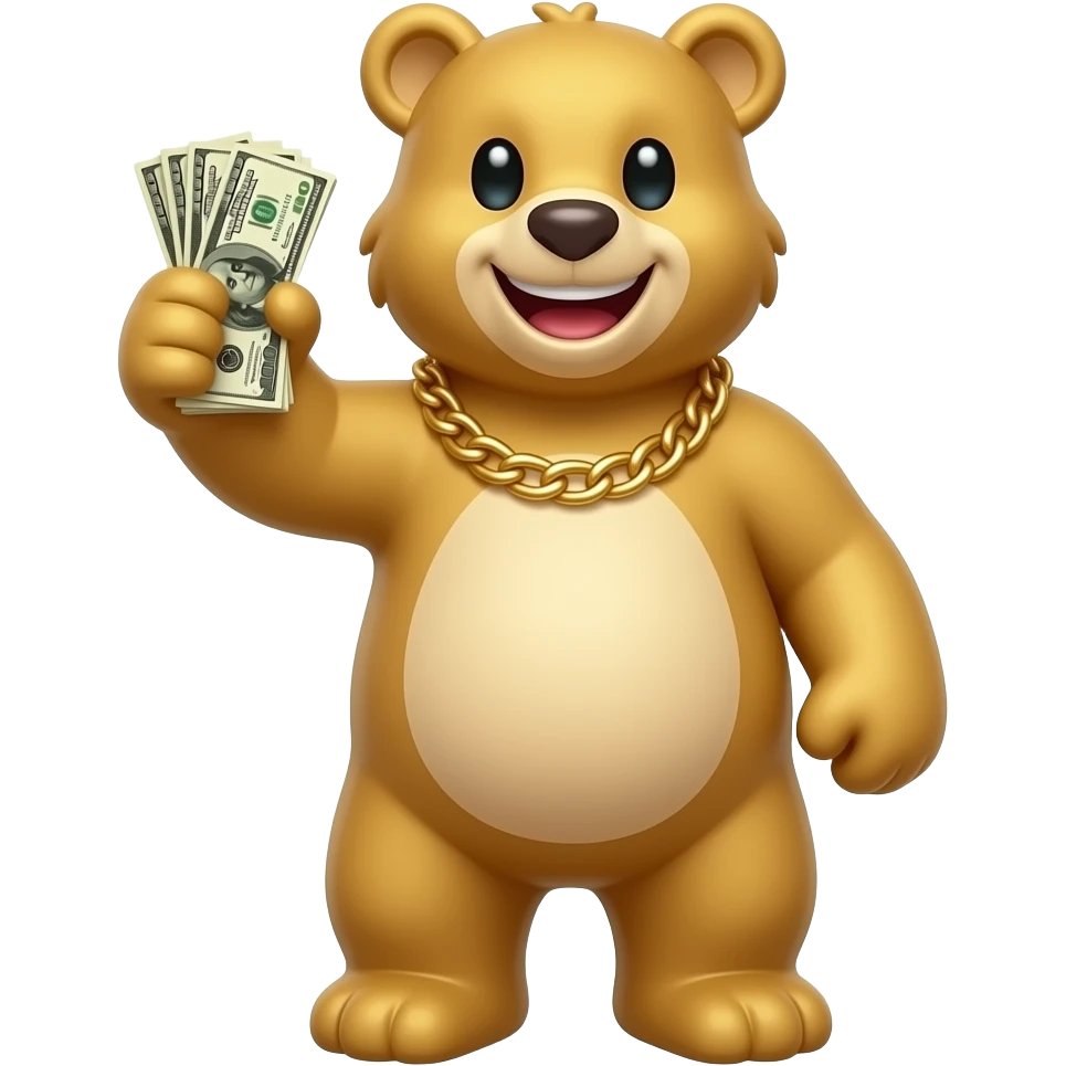 A bear with a lot of gold, holding a stack of dollar bills in his paw and a chain around his neck made of gold, smiling, a golden bear. Create emojis of the right size and format in order to put the image in tg emoji