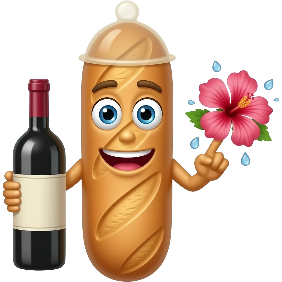 Longue Baguette avec une bouche, des yeux et des bras. Elle a un preservatif sur le haut de la tete et une bouteille de vin dans la main. L'autre main a deux doigts tendus et collés juste sous un hibiscus qui a des gouttes d'eau autour emoji