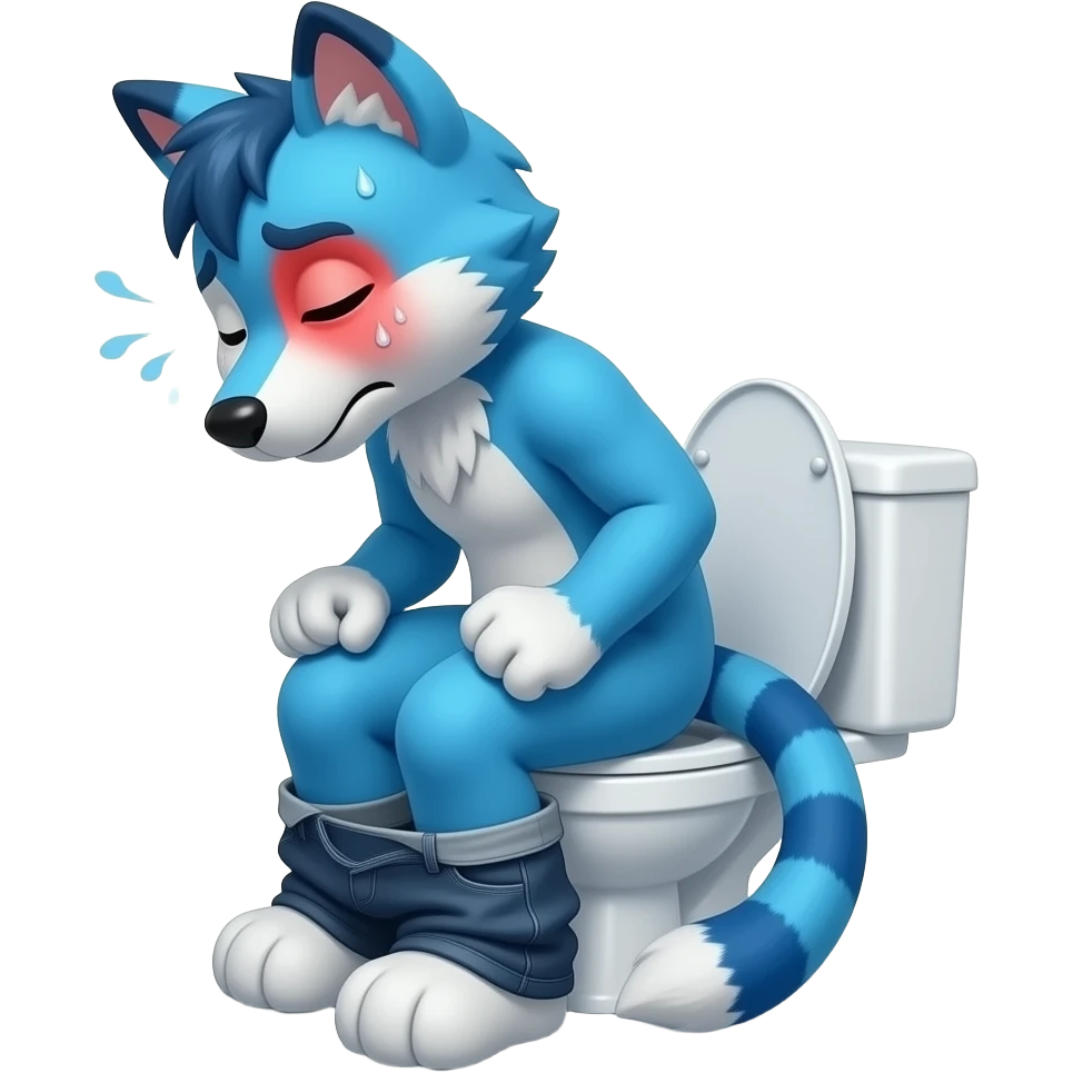 blue fursuit sitting on toilet, side view , pants down, pushing, eyes closed, straining face, red face, sweating, pushing emoji