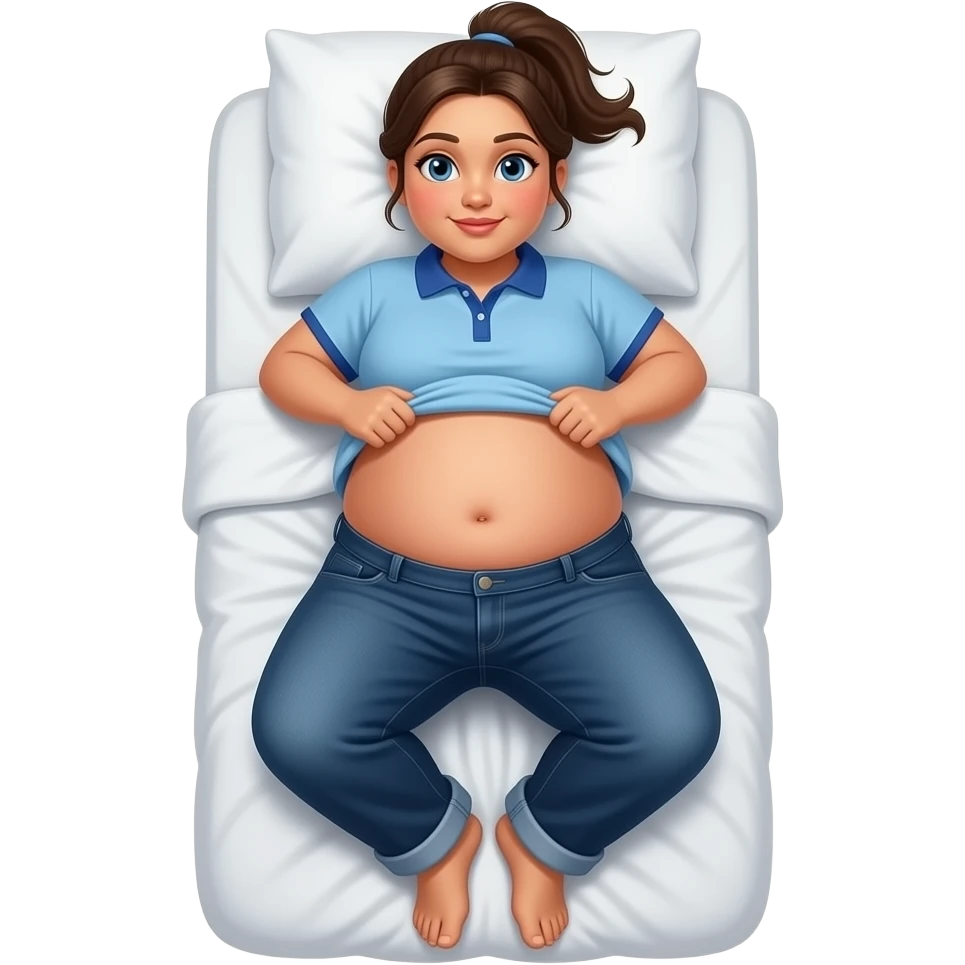 Obese Hispanic girlwith brown ponytail and blue eyes plain light blue dark blue polo and dark blue baggy jeans and belly button laying down on her pillow on her bed showing her feet lifting her shirt all the way up with fat belly button rolling her belly emoji
