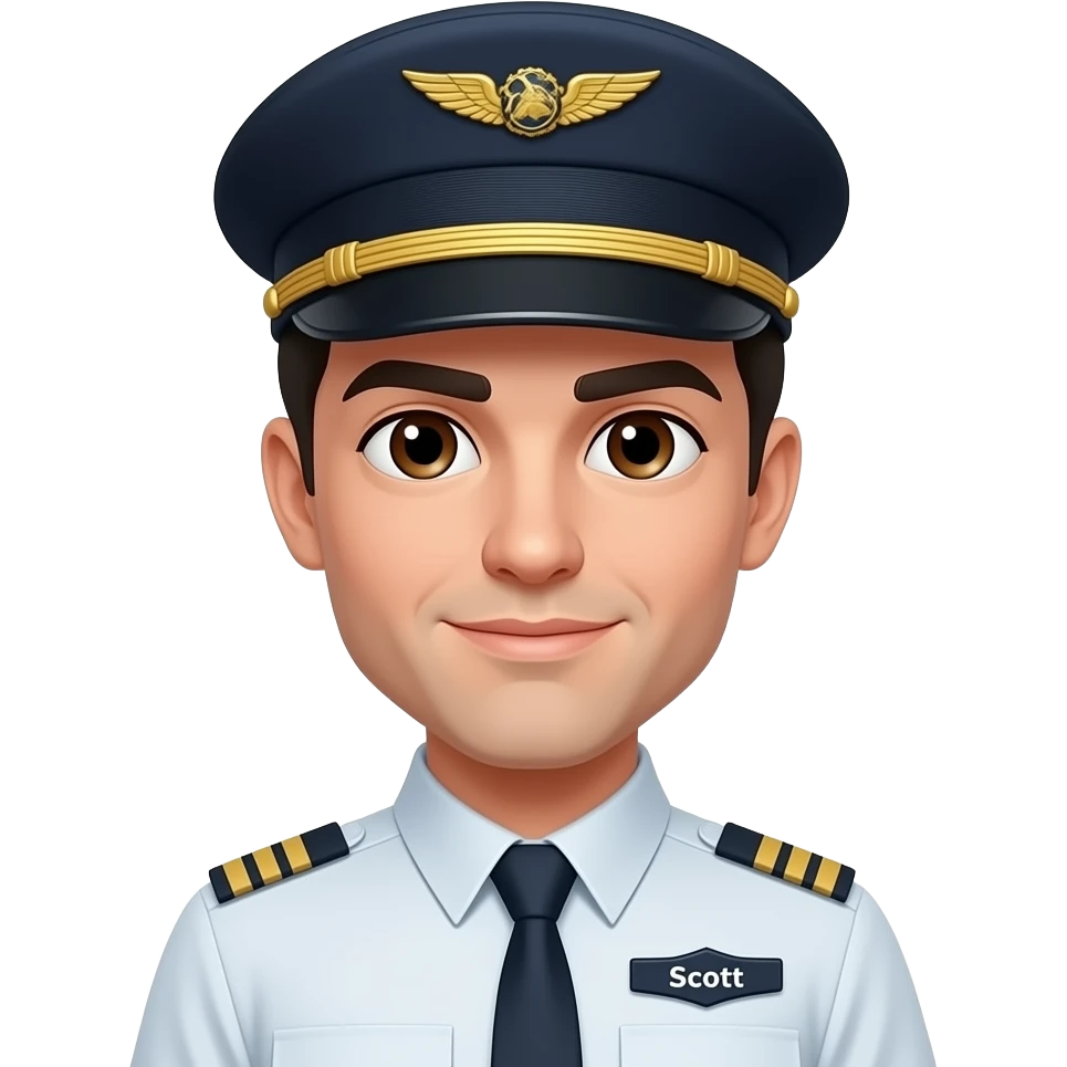 Pilot Black hair white skin brown eyes with hat and badge name “Scott” emoji