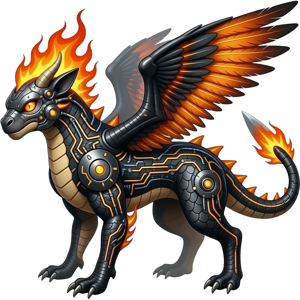 Cool edgy fiery bipedal scaly cybernetic visor-helmeted, Circuitry-patterned black-scaled digitigrade futuristic fantasy-Cyberpunk-Steampunk-Solarpunk-Genesect-Cyclizar-Salazzle-Protogen-Fakémon-animal-hybrid, feathery, tail blade, back spikes emoji