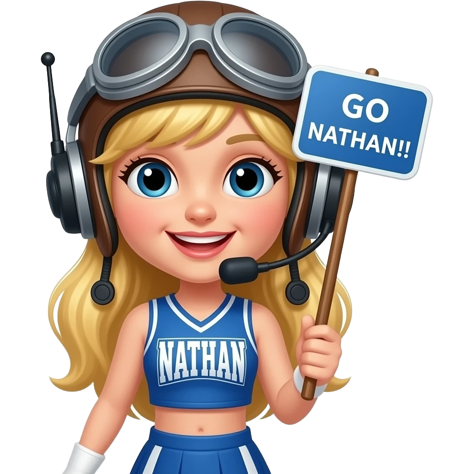 Cute Cheerleader aviator ham radio with blonde hair. Sign saying 