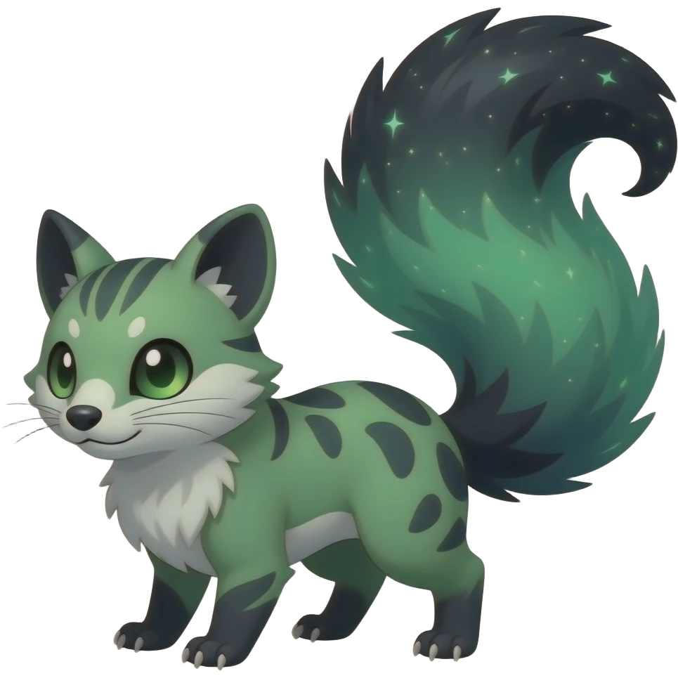 Hyper-realistic forest-hunger-green-emerald-green-onyx-black-gradient velvet fur soaked in starlight glitter and shadow gradients beautiful elegant pretty precious cute Fakémon-Pokémon-opossum-Lykoi-genet-civet-serval-caracal-chinchilla-Furret-hybrid-creature with a big fluffy bushy tail (full body) emoji