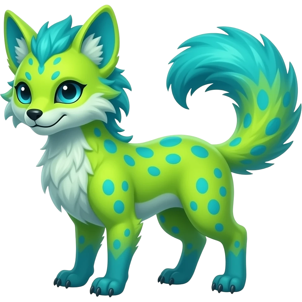 Feral Rare Fantasy vibrant tropical exotic neon-lime green and cyan Vernid-Trico-species-creature by LiLaiRa, random markings, tufted tail, tufted ears, full body emoji