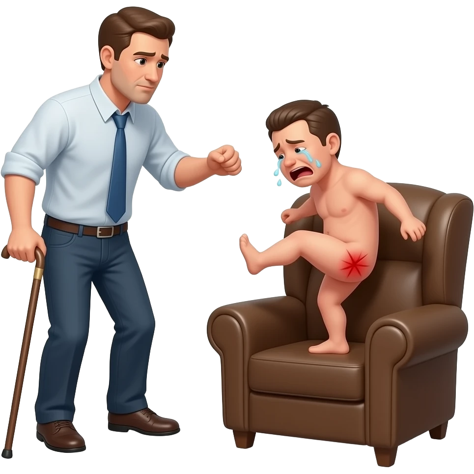 A clothed man with a thin cane beating A small, crying, naked man bending over the back of a brown armchair, with his legs kicking in the air and his red buttocks very bruised, and emoji