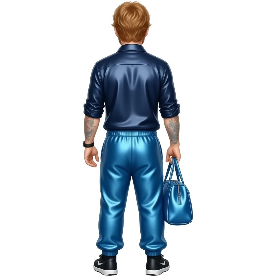 Ed Sheeran from behind with navy metallic shirt, blue metallic baggy joggers emoji